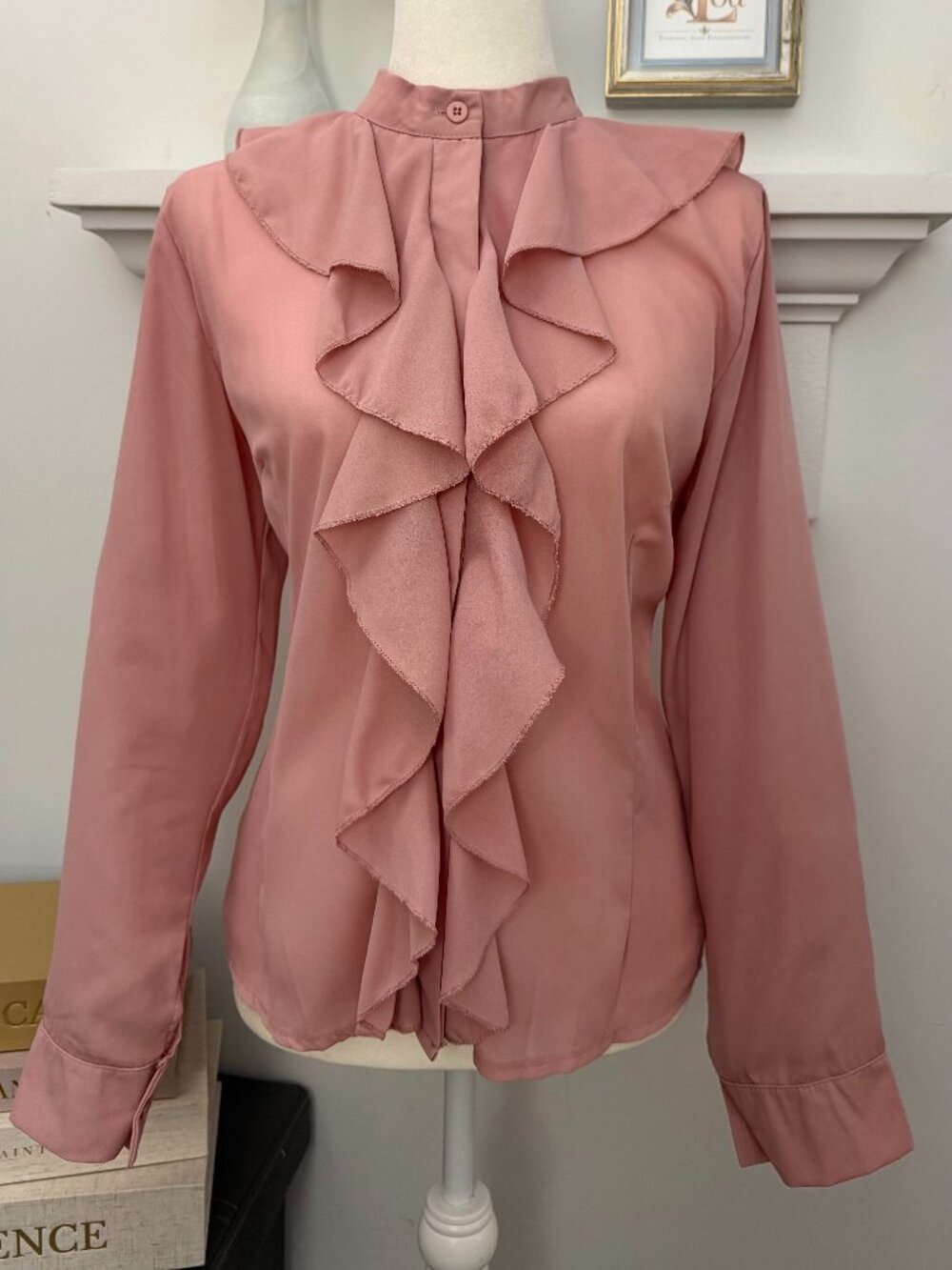 Dusty Rose Cascading Ruffle High Neck Blouse • Size XL